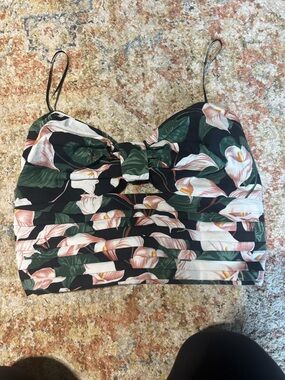 Express Black Floral Ruched Bustier Crop Top with Pink Calla Prints